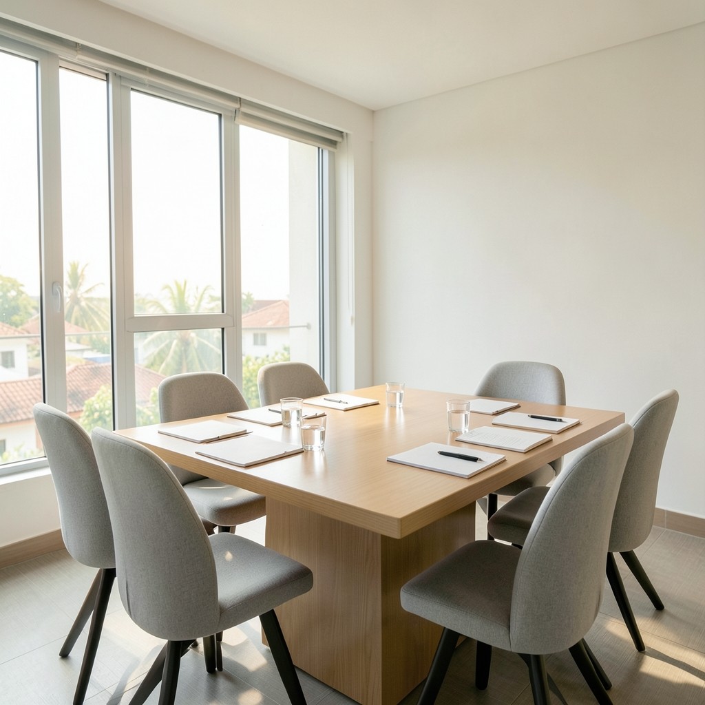 Meeting room table set for a small facilitation session