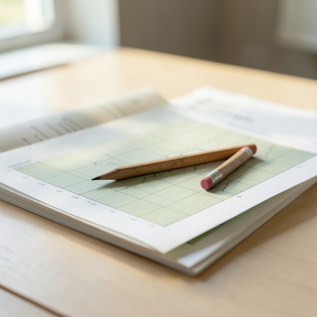 Soft-lit desk with cohort retention sheets and a pencil
