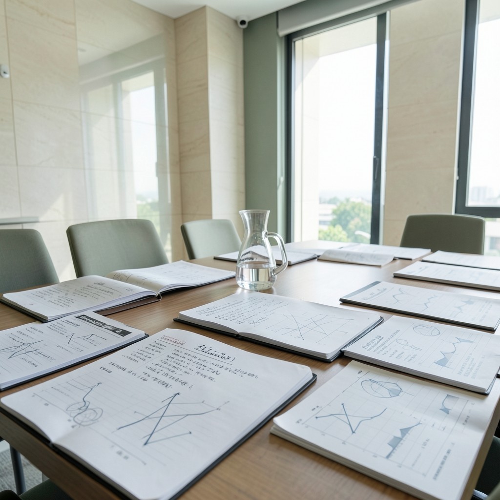Workshop table with revenue printouts and notebooks in soft daylight