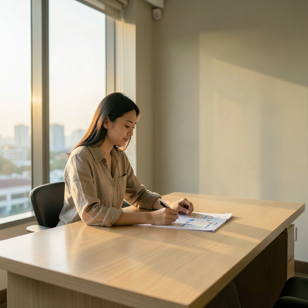 Analyst reviewing printed revenue charts beside a window overlooking Bangkok