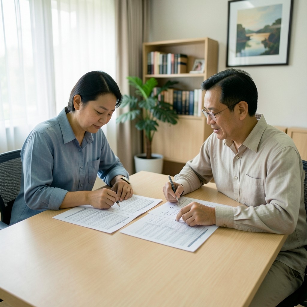 Two colleagues comparing marked-up revenue printouts