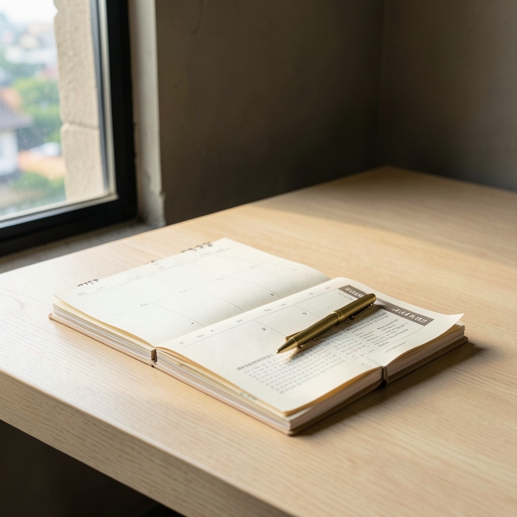 Calendar and annotated forecast printouts on a desk